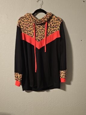 white birch Black Pullover Cowlneck Sweater with Neon Coral Trim & Leopard